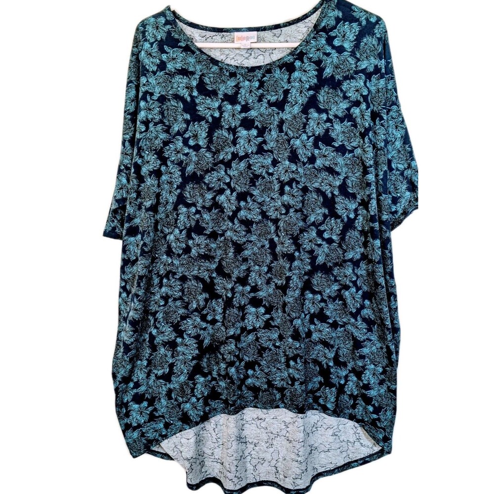 LulaRoe Women Irma Tunic Shirt Short Sleeves Turquoise Black floral pattern Sz L